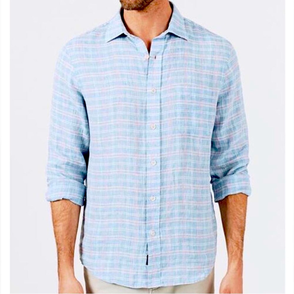 Faherty Men's 100% Linen Light Blue Plaid Button Up Shirt  Size Large